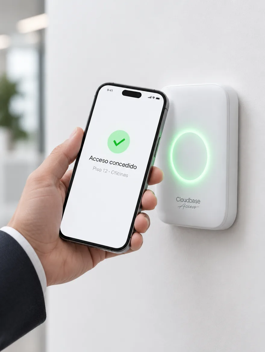 Celular acercándose al lector Cloudbase Access con el anillo en verde