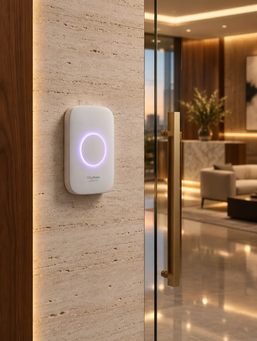 Lector Cloudbase Access junto a una puerta de vidrio en un hall corporativo